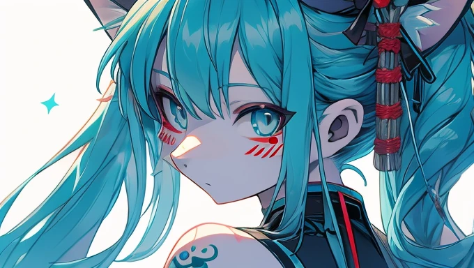 Miku Hatsune, add high definition_detail:1, blue fur,kitsune ears, tribal tattoo add_detail:1
