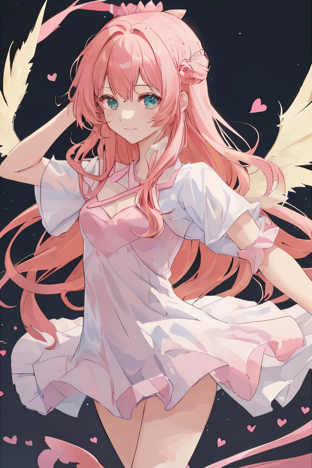 1_girl, (anime, kawai:2), (masterpeice, best_quality, simple, cute, dreamy, vibrant, clean:1.5), (cute, cute_smile, young:1.8), (delicate, beautiful, thin:1.5), (girlfriend, angel:1.6), (green_eyes, simple_eyes:1.5) (long_hair, blond_hair, wearing_pink_dress, pink_angel_wings, sexy_gloves:1.8), extremely_delicate, (love_magic:1.5), (age_size_fits_body), (small_thighs:1.3), (breasts), (eye_level:1.3), (heart_magic, love:1.5), (dancer:1.3)