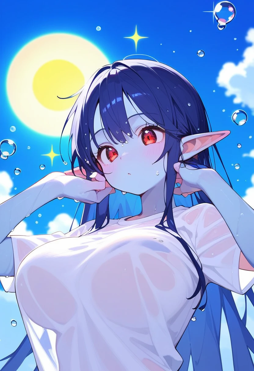 Blue skin girl, big pointed ears, cute, red eyes, dark blue hair, white shirt, wet, high quality, water drops are clear, face enlargement, sun reflection, sparkle, slightly big breasts, girl, shirt hugs her body, She tries to hide her body with a shirt, she is skinny
