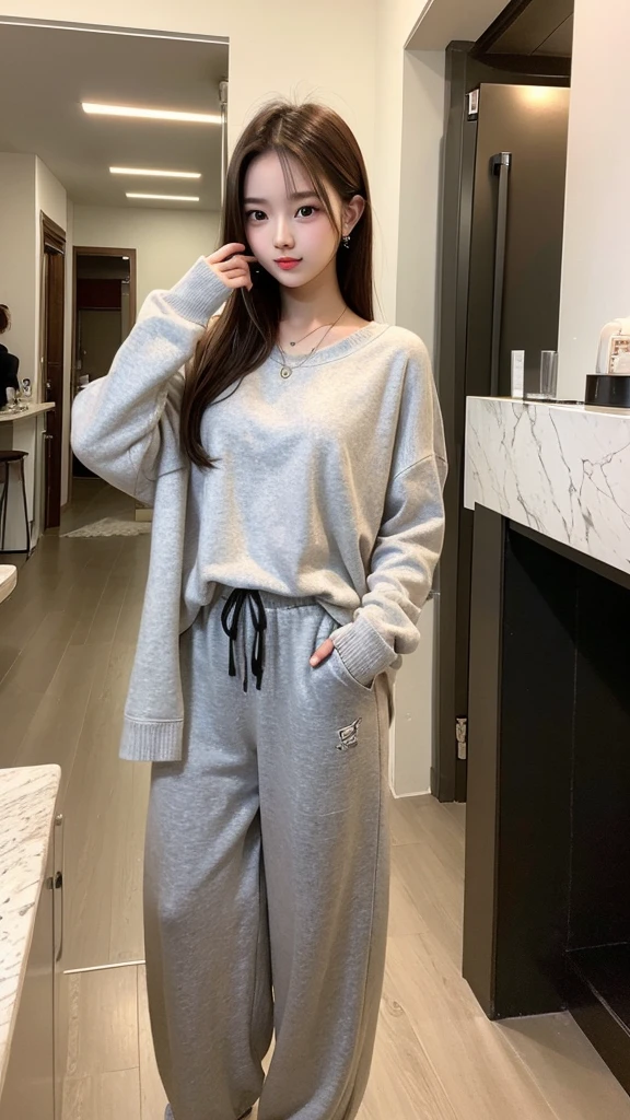 girl 17-year-old Hairstyle fashion hair, wearing crewneck and casual long pants at home