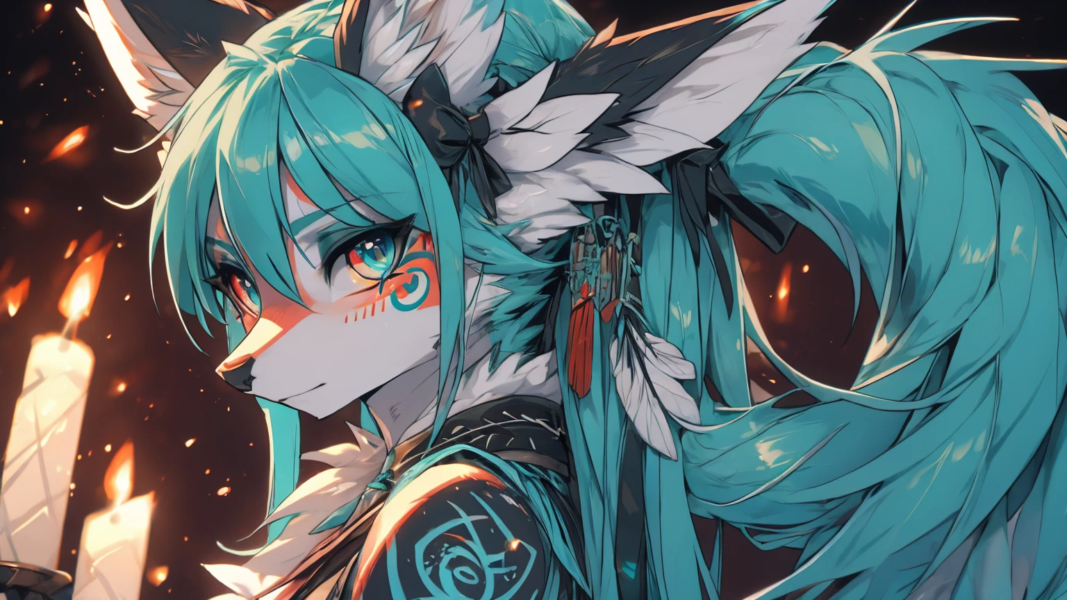 Miku Hatsune, add high definition_detail:1, blue fur,kitsune ears, tribal tattoo add_detail:1
