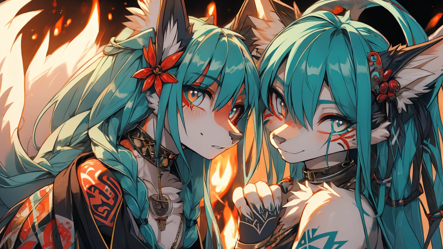 Miku Hatsune, add high definition_detail:1, blue fur,kitsune ears, tribal tattoo add_detail:1