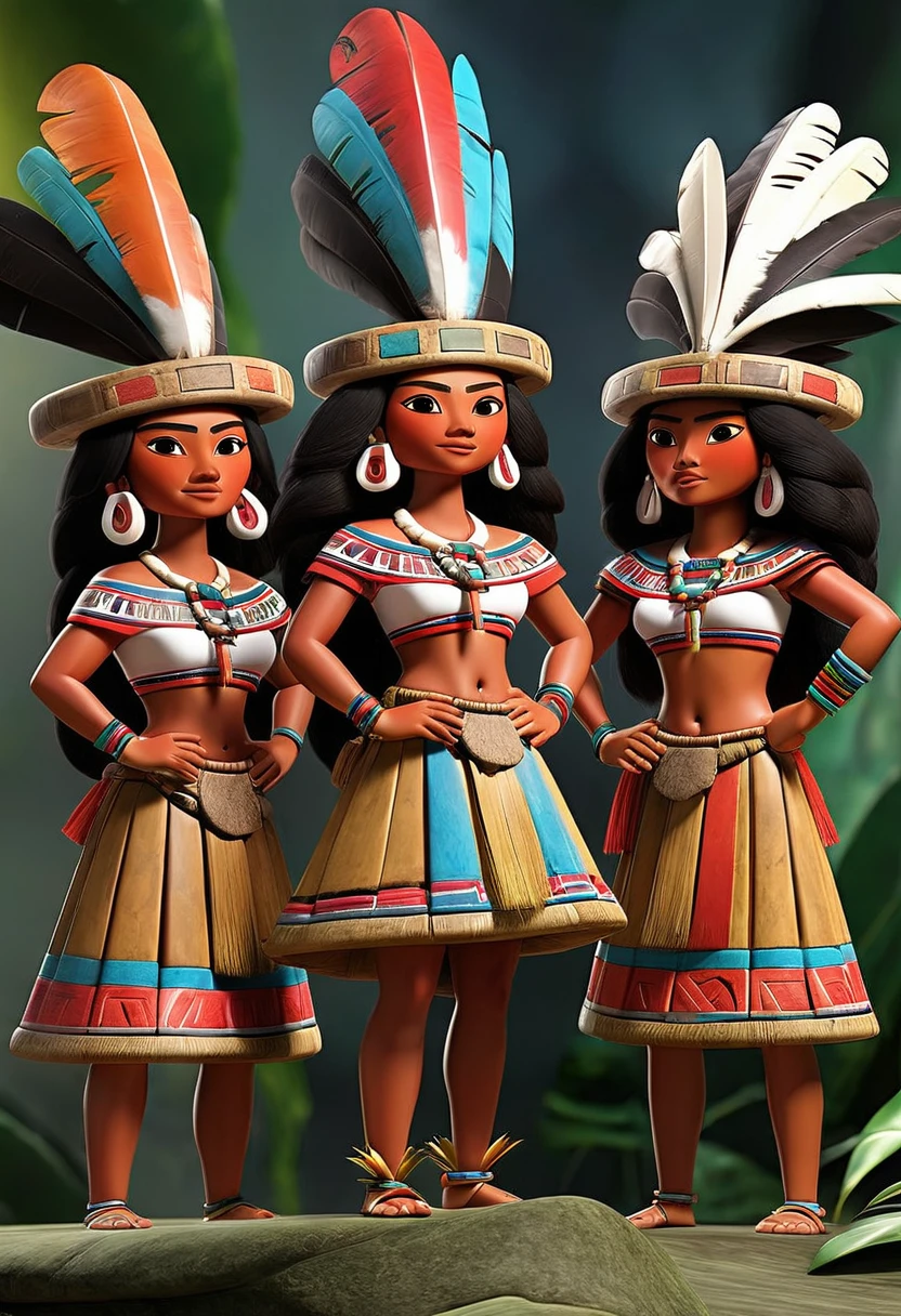 pre-Columbian musical group formed by Aztecs in the year 1455, instruments of the time, drums, conch flutes, well-formed faces, and dresses covering the breasts