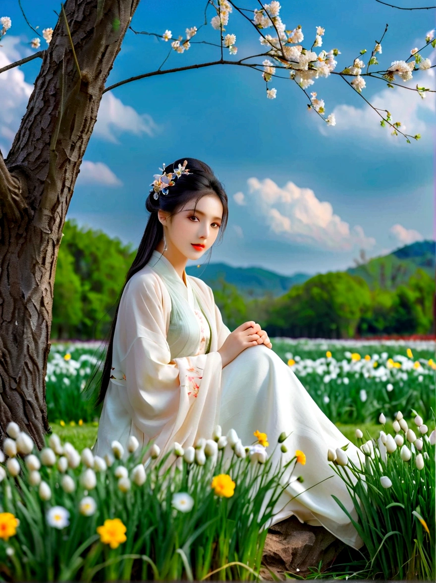 spring，1girl，((beautiful eyes))，((Perfect and refined limbs))，Sitting，在Grass地上，tent，flower，outdoor，Tree，landscape，daytime，Sky，cloud，Grass，橙flower，白flower，nature，Vague，红flower，(masterpiece，Best quality:1.2)，lifelike，Reality，梦幻般的Light芒，错综复杂的detail，Ultra Detailed，detail，High contrast，美丽细致的Light芒，Bright，更多detail，精细发Light，very fine 8K CG wallpaper，Depth of Field，Abuse of color difference，Soft colors，非常精致的Light线，眩Light，Light，Light粒子，reflection，