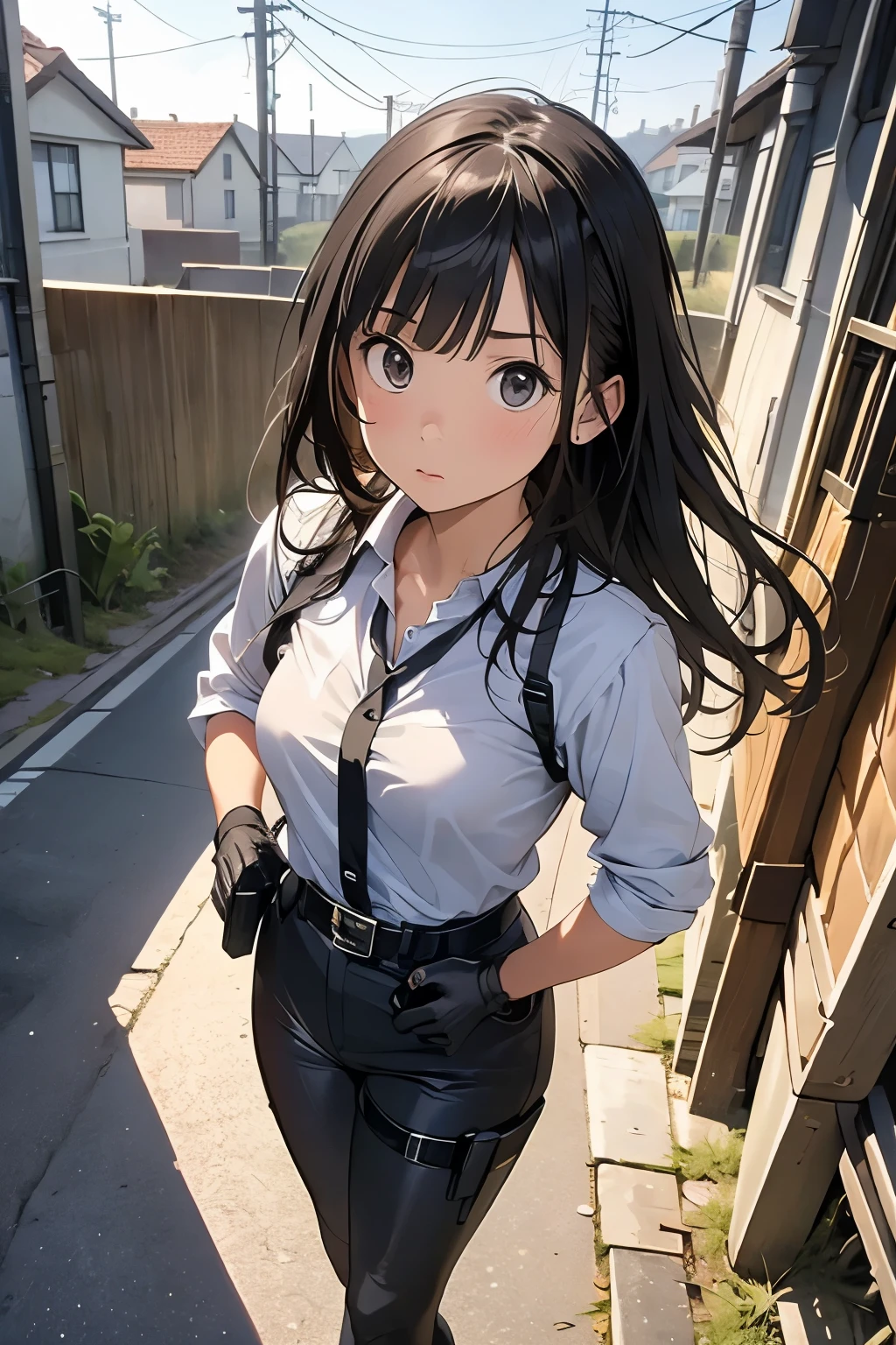 high quality, masterpiece, Ultra-high resolution, (realism: 1.4), Oil painting style, Cinema Lighting, An endless grassland dotted with a few houses, I stood on the empty asphalt road and looked at it., Fairy Mountain々was shrouded in mist, And the suspenders with the cranes flying Large Breasts Small face holster Lying in bed Looking up Sweat belt summer 脇Sweat Black Hole Gloves suit shirt Black jacket Black trousers Leg Links ズボンにbelt holster Hands behind your back Anxious expression Looking up Anxious face