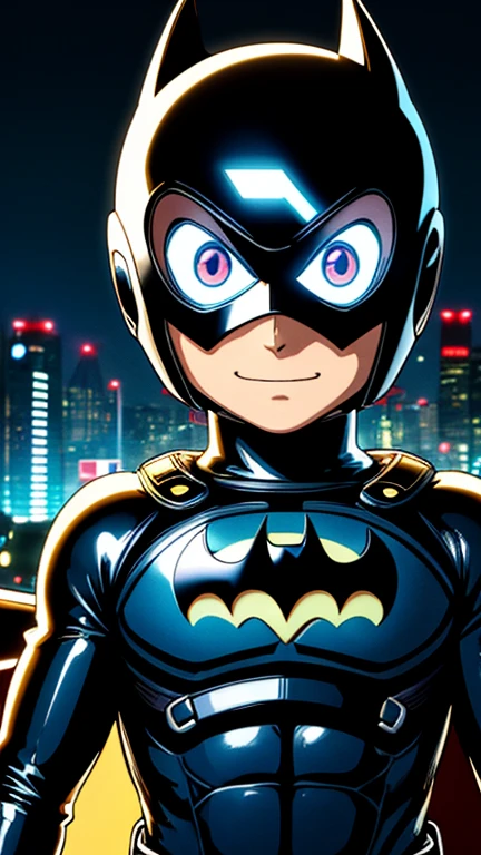 (8k),(masterpiece),(Japanese),(13-year-old boy),((innocent look)),((Childish)),From the front,smile,cute,Innocent,Kind eyes,Flat chest, Batman, Black Helmet, Black Domino Mask,Blackcaoe,Short,Hair covered by helmet,Blonde Hair,Strong wind,night,dark, Neon light cyberpunk city, mighty atom