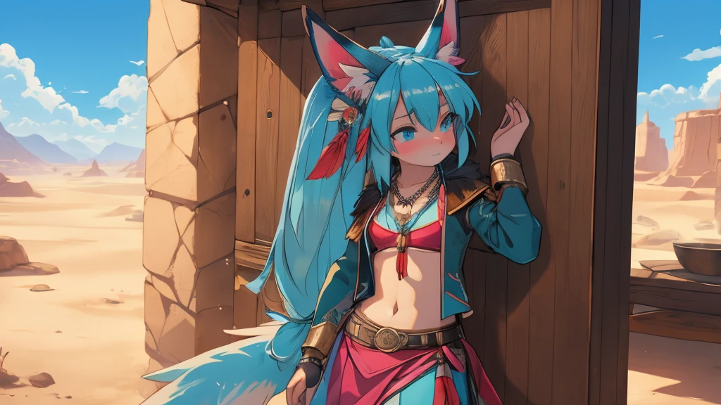 Miku Hatsune x Aloy Forbidden Horizon Dragon West Armor Tenack, add high definition_detail:1, blue fur,kitsune ears, tribal tattoo add_detail:1, sensual pose against the wall add_details:1, tribal feather necklace, rainbow feather skirt, Tribal feather body decorations in high definition., tribal feather bralette, desert landscape oasis in the background, exhausted girl, perspiration, very hot, intense sun add_detailsl 