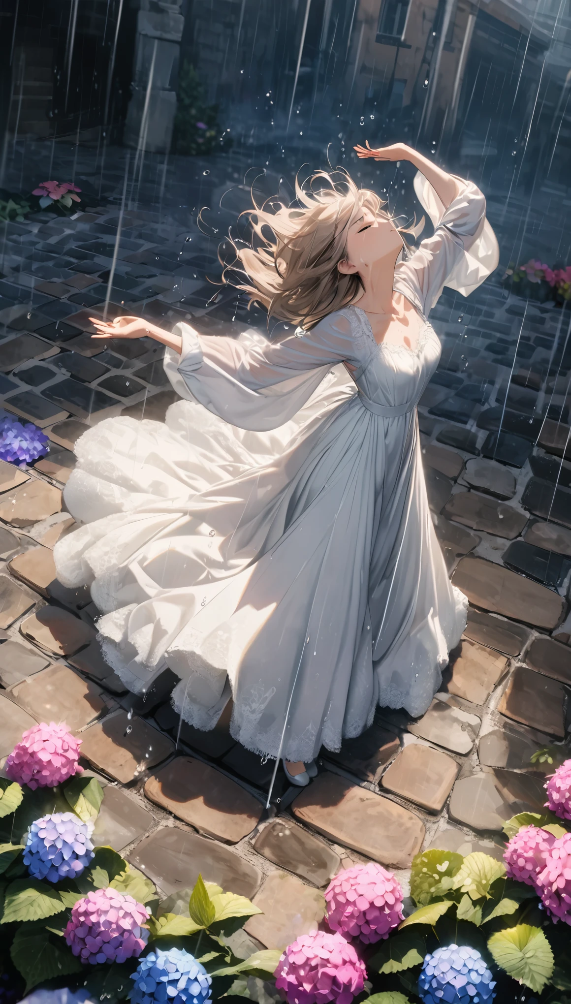 from directly above, best quality, super fine, 16k, 2.5D, delicate and dynamic depiction, beautiful woman doing a turn dance in the rain, closing her eyes and spinning around with her head facing up, wearing a ruffle long dress with large long sleeves and lace, lots of raindrops, the raindrops appear to be stopped as if in slow motion, rain dance, cobblestones, colorful hydrangeas blooming all around, pale sun effects