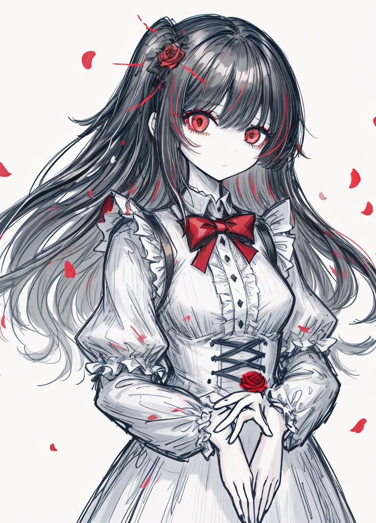 1girl, black hair, (red eye) ,red rose, Red bow,  black noble dress ,pale skin,
(high resolution, high detail, best quality), mysterious, elegant