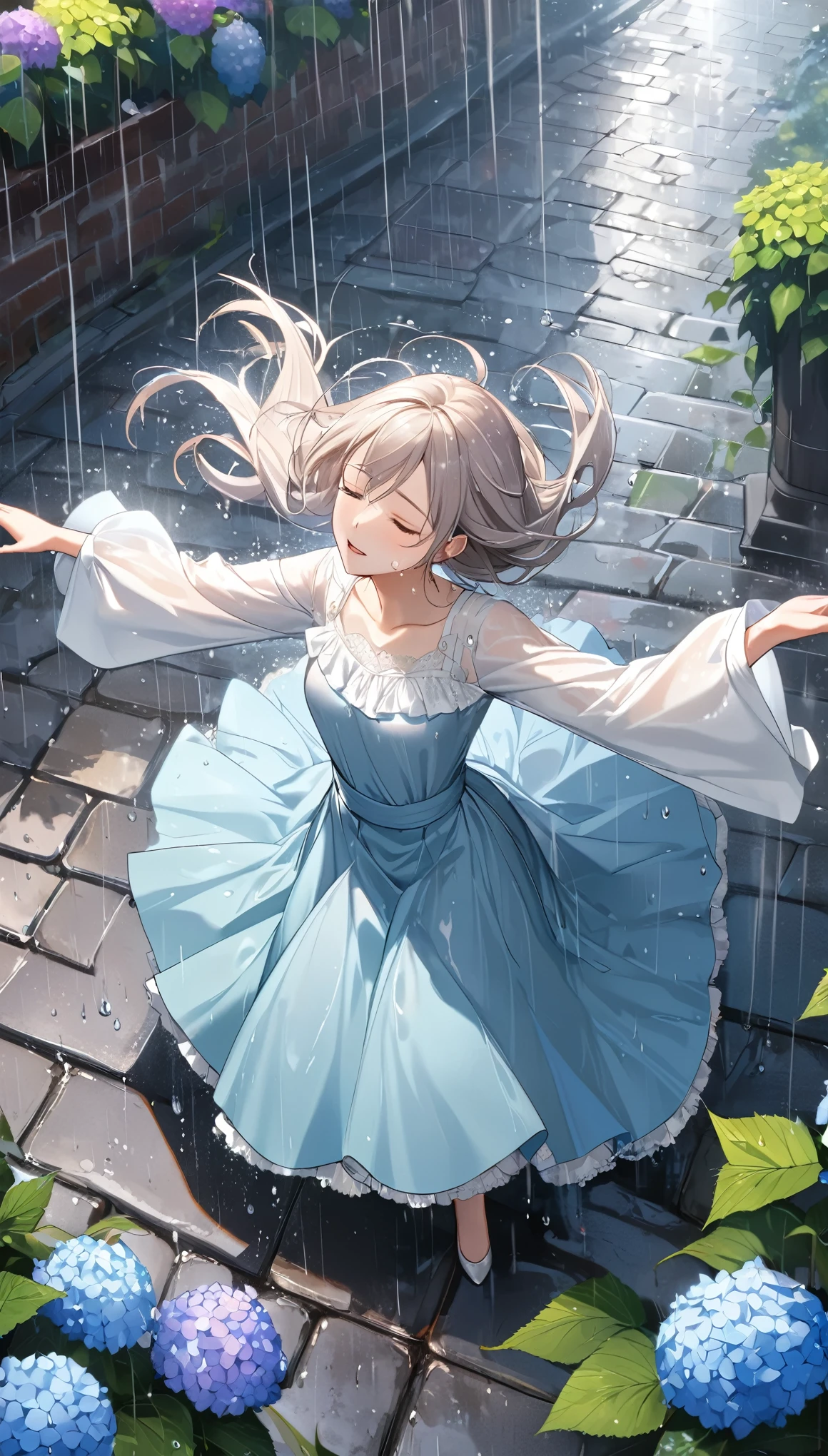 from above, best quality, super fine, 16k, 2.5D, delicate and dynamic depiction, beautiful woman doing a turn dance in the rain, closing her eyes and spinning around with her head facing up, wearing a ruffle long dress with large long sleeves and lace, lots of raindrops, the raindrops appear to be stopped as if in slow motion, rain dance, cobblestones, colorful hydrangeas blooming all around, pale sun effects