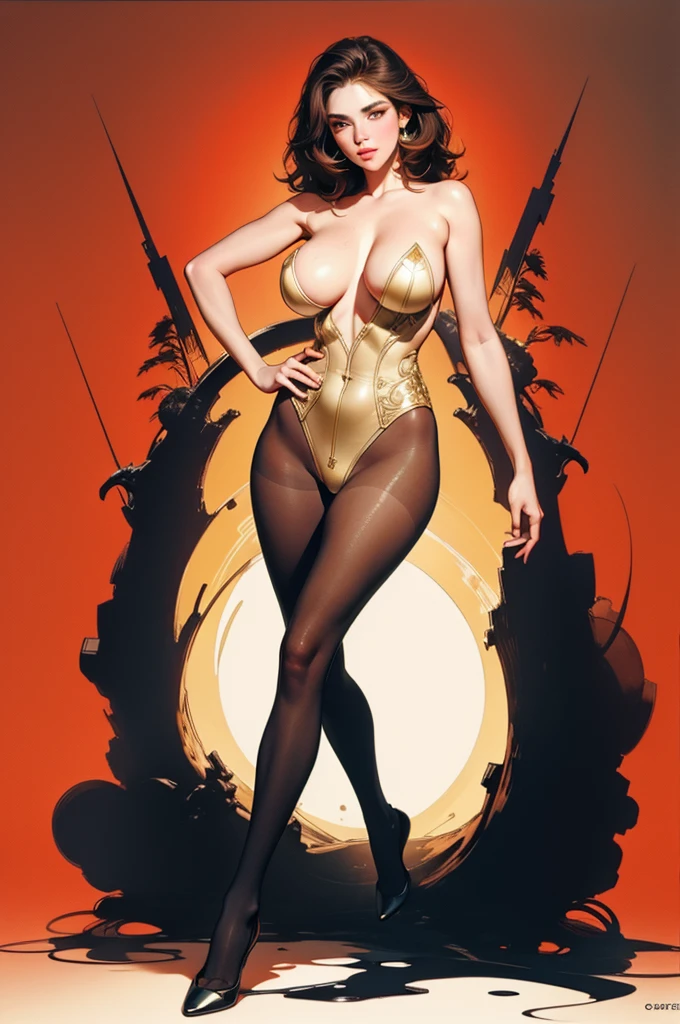 1girl,solo,medium breasts,(full body:1.3), naked, nude, (pantyhose:1.2), laced leotard, (masterpiece, best quality, hires, high resolution:1.2), (extremely detailed, realistic, intricate details, highres), 3d, cg, bbw, shiny skin, blush, eyeliner, eyeshadow, eyelashes, (gigantic breasts, saggy breasts:1.1), (cinematic lighting, sunlight, volumetric), looking at viewer, simple red background, vintage fantasy, 1960s \(style\), film grain,