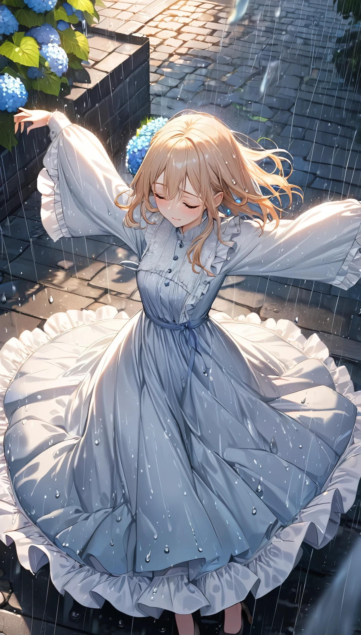 from above, best quality, super fine, 16k, 2.5D, delicate and dynamic depiction, beautiful woman doing a turn dance in the rain, closing her eyes and spinning around with her head facing up, wearing a ruffle long dress with large long sleeves and lace, lots of raindrops, the raindrops appear to be stopped as if in slow motion, rain dance, cobblestones, colorful hydrangeas blooming all around, pale sun effects