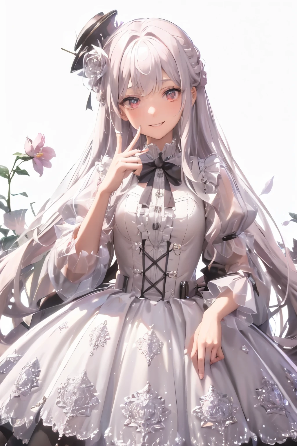 masterpiece, best quality, 1 Girl, Solitary, long_hair, Watching_exist_Viewer, white hair, Red Eyes, (((shiny Smile))), Bangs, skirt, shirt, long_sleeve, hexist, skirt, bow, Keep, close_Mouth, flower, Ruffles, hair_flower, flower瓣, flower束, Keep_flower, center_Ruffles, cap, Keep_flower束, Tai Chi E, whole body, White background,