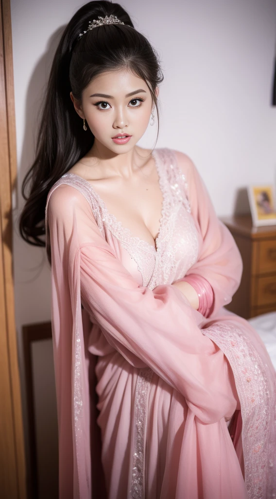 Fashion model 20 years old [[[[closeup cleavage]]]], [[[[boobgasm]]]], [[[[coll]]]], [[[[bshoulders]]]], perfect  eyes, Perfect iris，Perfect lips，perfect teeth，Perfect skin，Slender face，Soft front light，hdr，Movie girl，Casual，sitted，In the background is the bedroom；（pastel colour：1.2）