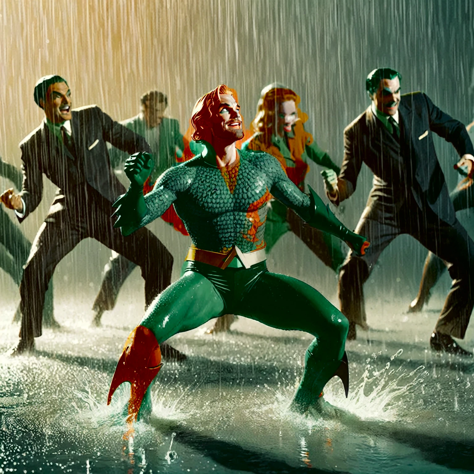 illustrate aquaman dancing stanky boogie in the rain, (vintage green and orange hero aquatic suit), A black and white world, each drop of rain unleashes a ripple of color, bringing color to this otherise mundane world, color reverberating out from each raindrop as it makes contact with the ground, sublte coloring to enrich the black and white image, rich color grading, sense of depth, shading and shadows  (random wild weird dall-e), webcomic, beyond weird, hyper maximal, utterly strange, too weird, unknown, **wordless** strangely dancing aquaman, purely maximal blissed, elated, contortion, stretched skewed, outlandish, odd, weird, absurd, zany, silly, contorted, unhinged, stylish illustration in the style of Joelle Jones of vintage classic sea hero aquaman dancing a stanky boogie dance, warm color grading, cinematic coloring lighting texture, 1940's watercolor background

