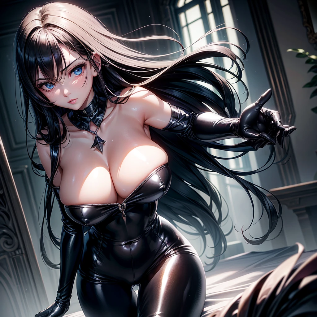 very detailed face, detailed clothing, detailed fabric, 1 woman, perfectly drawn body, huge breasts, sexy pose, beautiful face, long black hair, blue eyes, very detailed eyes, pink cheeks, shy expression,  (Shiny black tight bodysuit), black gloves, gloves covering hands, Sensual lips ,  dinner de invierno, Show details at a glance, View from the front, looking at viewer, dark road, Dark Forest, dinner, atmosphere, Fog