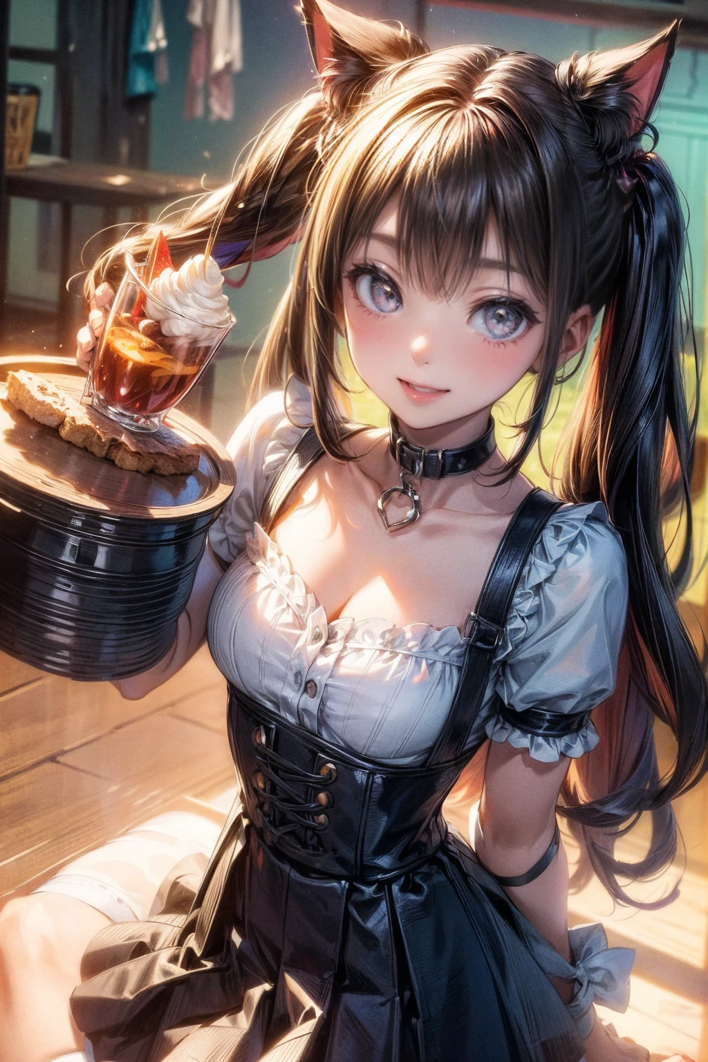 One Girl、(20-year-old woman)、Cat ears headband、Cat tail、Black maid outfit、Holding a tray with two parfaits on it in one hand、With the other hand, lift your skirt to show your underwear、Short skirt、I can see your pants、White knee-high socks、Striped pants、Highest quality、8K、Beautiful Face、Mischievous smile、Wink to the viewer、View Viewer、A bright cafe with a black cat