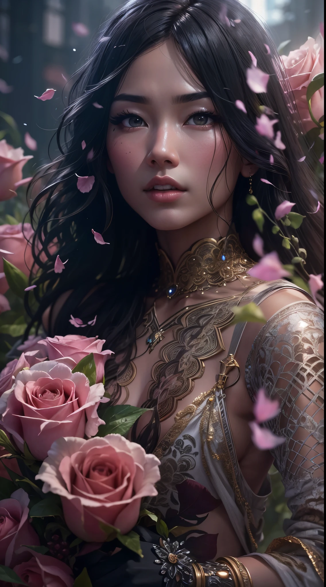 unreal engine:1.4,UHD,The best quality:1.4, photorealistic:1.4, skin texture:1.4, Masterpiece:1.8,An incredibly detailed macro woman beauty photo of an Asian model, Hands holding a bouquet of pink roses, surrounded by terrifying crows from hell. raindrops:1.4 ,Shot with a Hasselblad medium format camera with a 100mm lens. Unmistakable for a photograph. cinematic lighting.