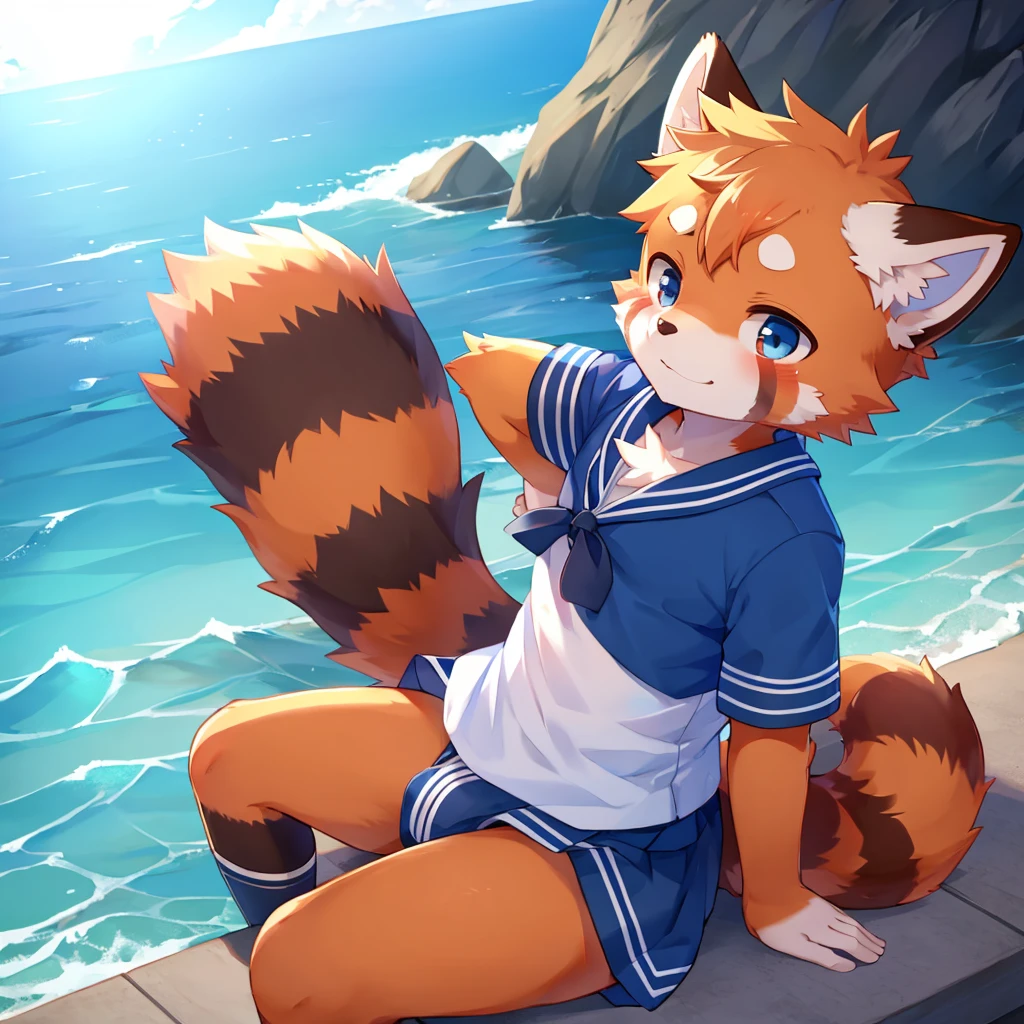 Male Red Panda, Kemoshota，Ocean, Appeared wearing a sailor uniform! One in heat, Sitting,fly in the sky，Blue light，Sex，