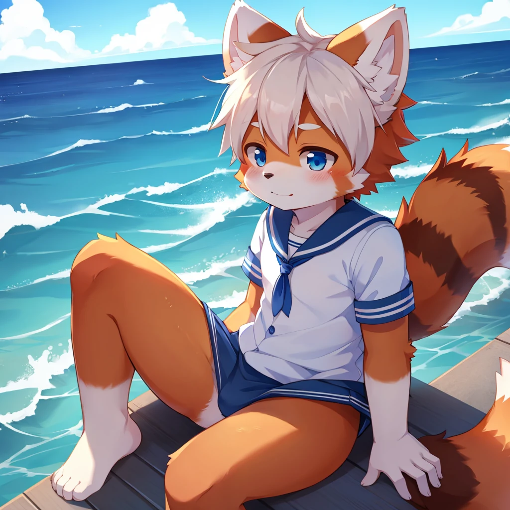 Male Red Panda, Kemoshota，Ocean, Appeared wearing a sailor uniform! One in heat, Sitting,fly in the sky，Blue light，Sex，