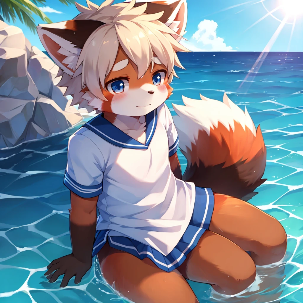 Male Red Panda, Kemoshota，Ocean, Appeared wearing a sailor uniform! One in heat, Sitting,fly in the sky，Blue light，Sex，