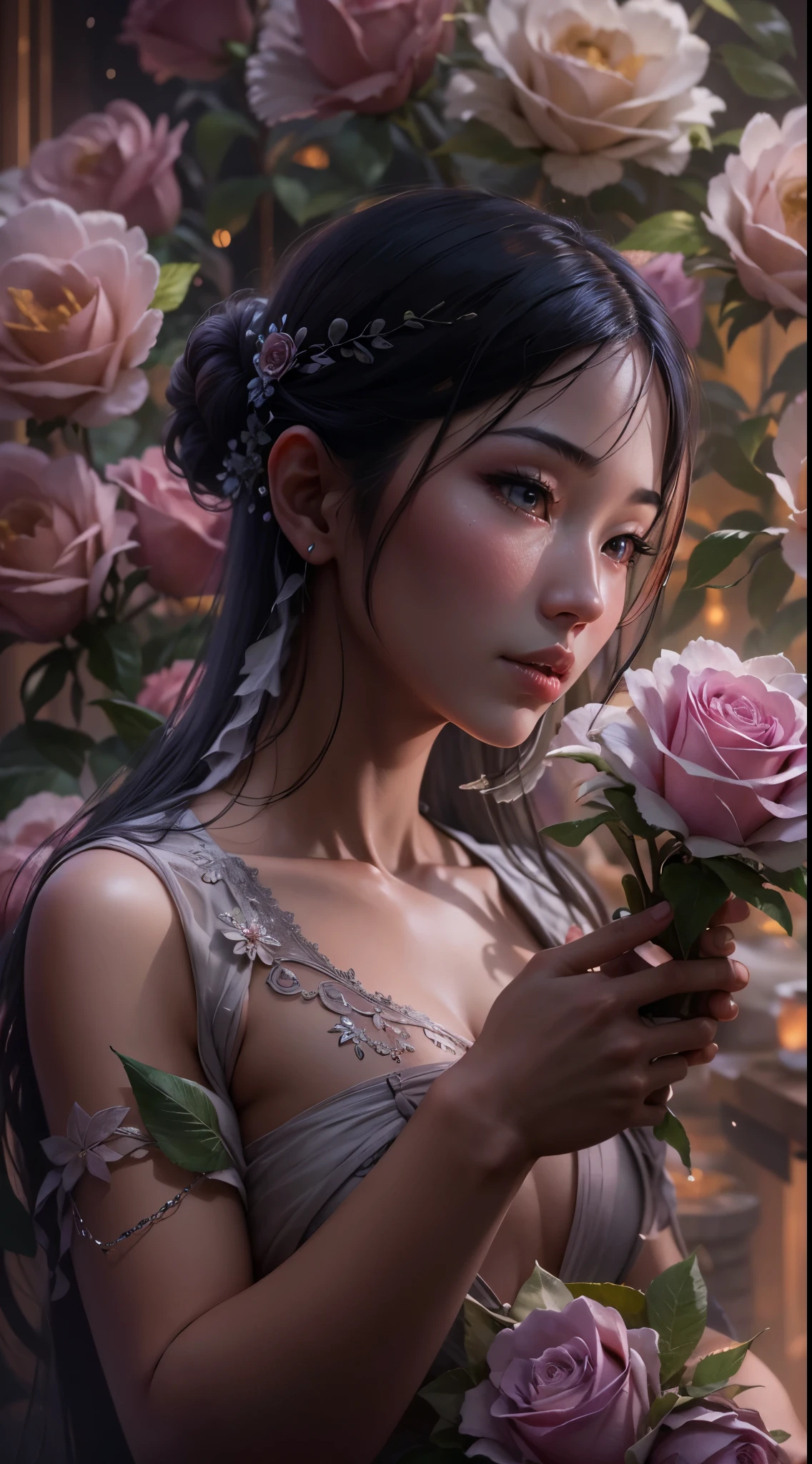 unreal engine:1.4,UHD,The best quality:1.4, photorealistic:1.4, skin texture:1.4, Masterpiece:1.8,An incredibly detailed macro woman beauty photo of an Asian model, Hands holding a bouquet of pink roses, surrounded by terrifying crows from hell. raindrops:1.4 ,Shot with a Hasselblad medium format camera with a 100mm lens. Unmistakable for a photograph. cinematic lighting.