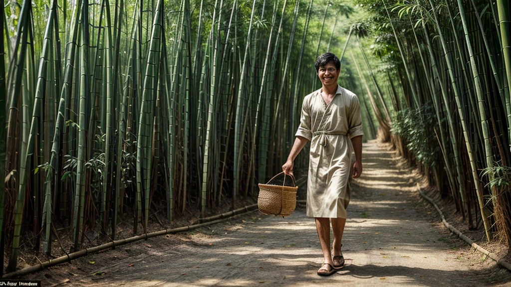 ((best quality)), ((masterpiece)), (detailed),A figure walked out from the depths of the bamboo forest,Wearing a simple dress,Holding a basket of freshly picked bamboo shoots,With a warm smile on his face