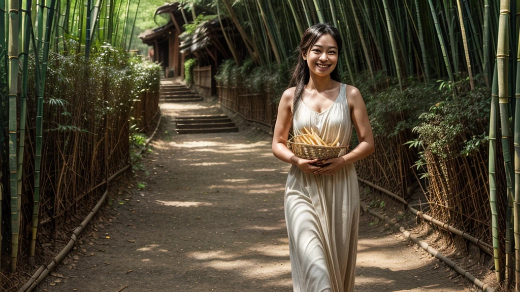 ((best quality)), ((masterpiece)), (detailed),A figure walked out from the depths of the bamboo forest,Wearing a simple dress,Holding a basket of freshly picked bamboo shoots,With a warm smile on his face