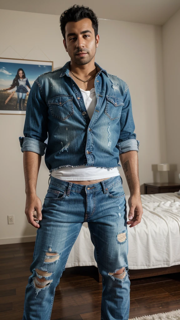 arafed man standing in a bedroom with a bed and a wall hanging, full body picture, outfit photo, wearing jeans, full body pictures, full body wide shot, full body!, full body photogenic shot, ripped jeans, wearing a shirt and a jean, full - body - front - shot, ripped clothing, jeans and t shirt, full body full height