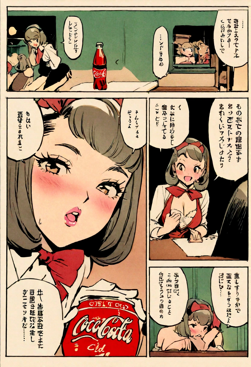 (vintage),(Retro),(Cartel), coca cola advertising with perfect girls(sexy), military environment, Masterpiece, (comics)