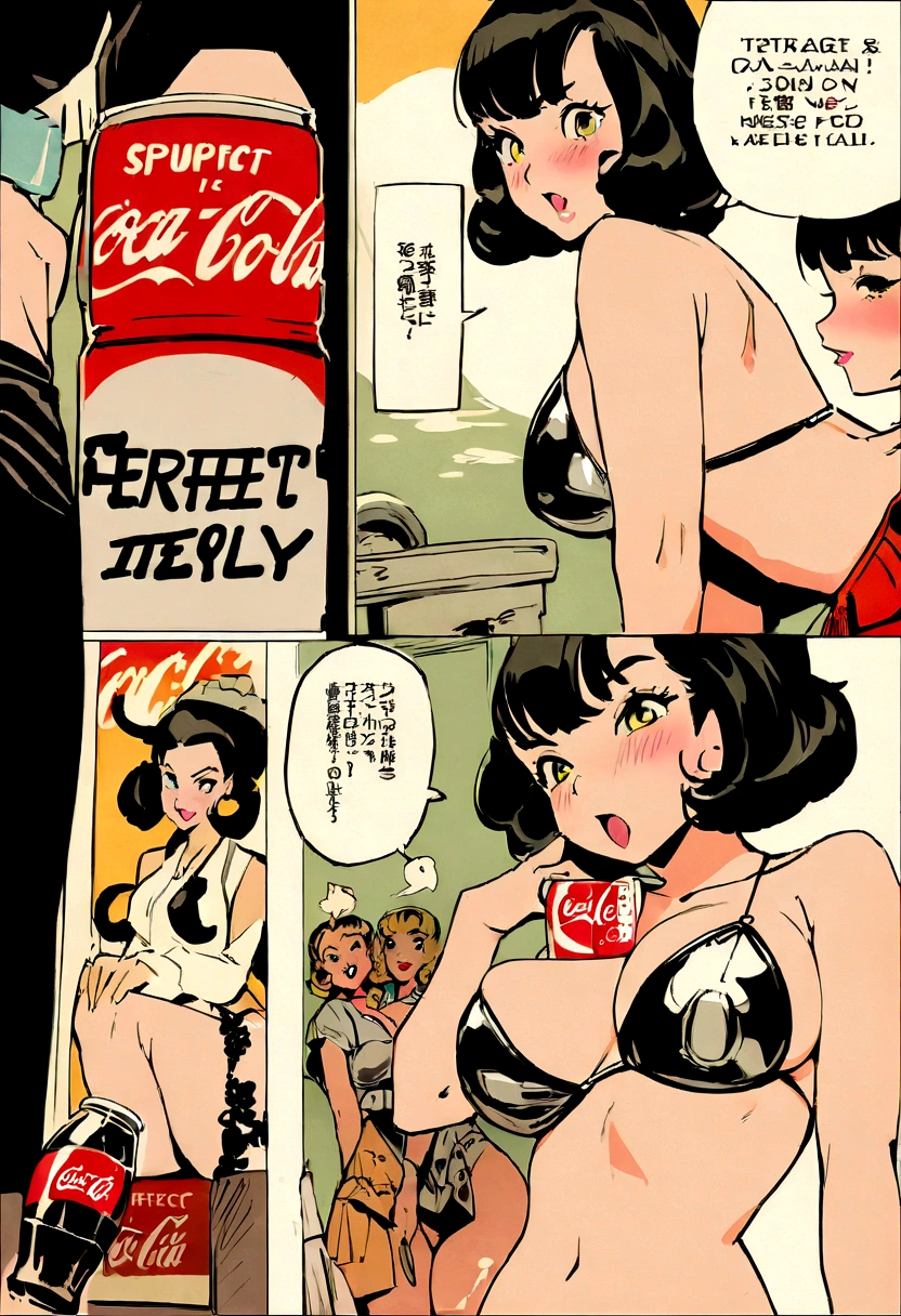 (vintage),(Retro),(Cartel), coca cola advertising with perfect girls(sexy), military environment, Masterpiece, (comics)