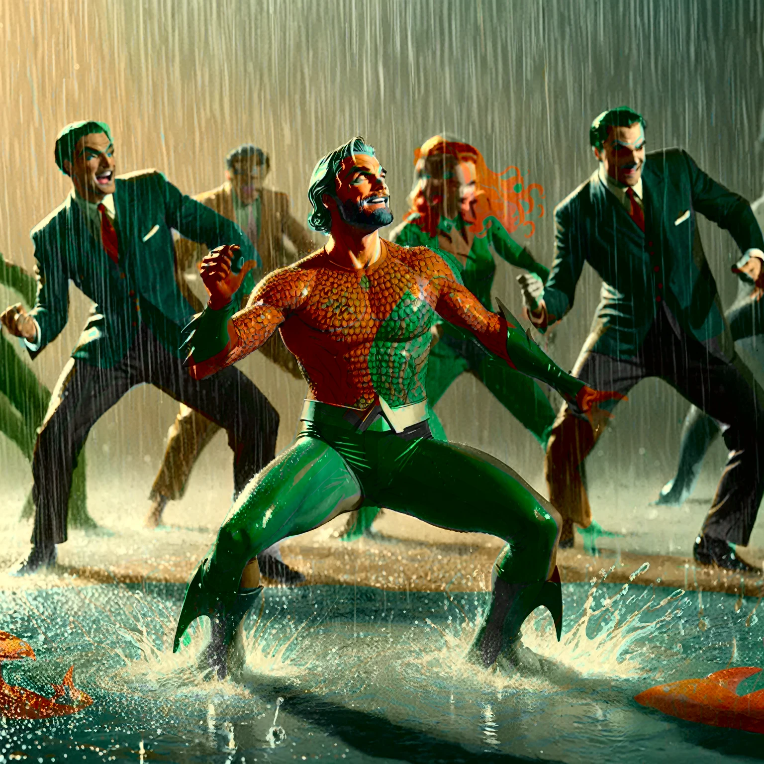 illustrate aquaman dancing stanky boogie in the rain, (vintage green and orange hero aquatic suit), A black and white world, each drop of rain unleashes a ripple of color, bringing color to this otherise mundane world, color reverberating out from each raindrop as it makes contact with the ground, sublte coloring to enrich the black and white image, rich color grading, sense of depth, shading and shadows (random wild weird dall-e), webcomic, beyond weird, hyper maximal, utterly strange, too weird, unknown, wordless strangely dancing aquaman, purely maximal blissed, elated, contortion, stretched skewed, outlandish, odd, weird, absurd, zany, silly, contorted, , stylish illustration in the style of Joelle Jones of vintage classic sea hero aquaman dancing a stanky boogie dance, warm color grading, cinematic coloring lighting texture, 1940's watercolor background