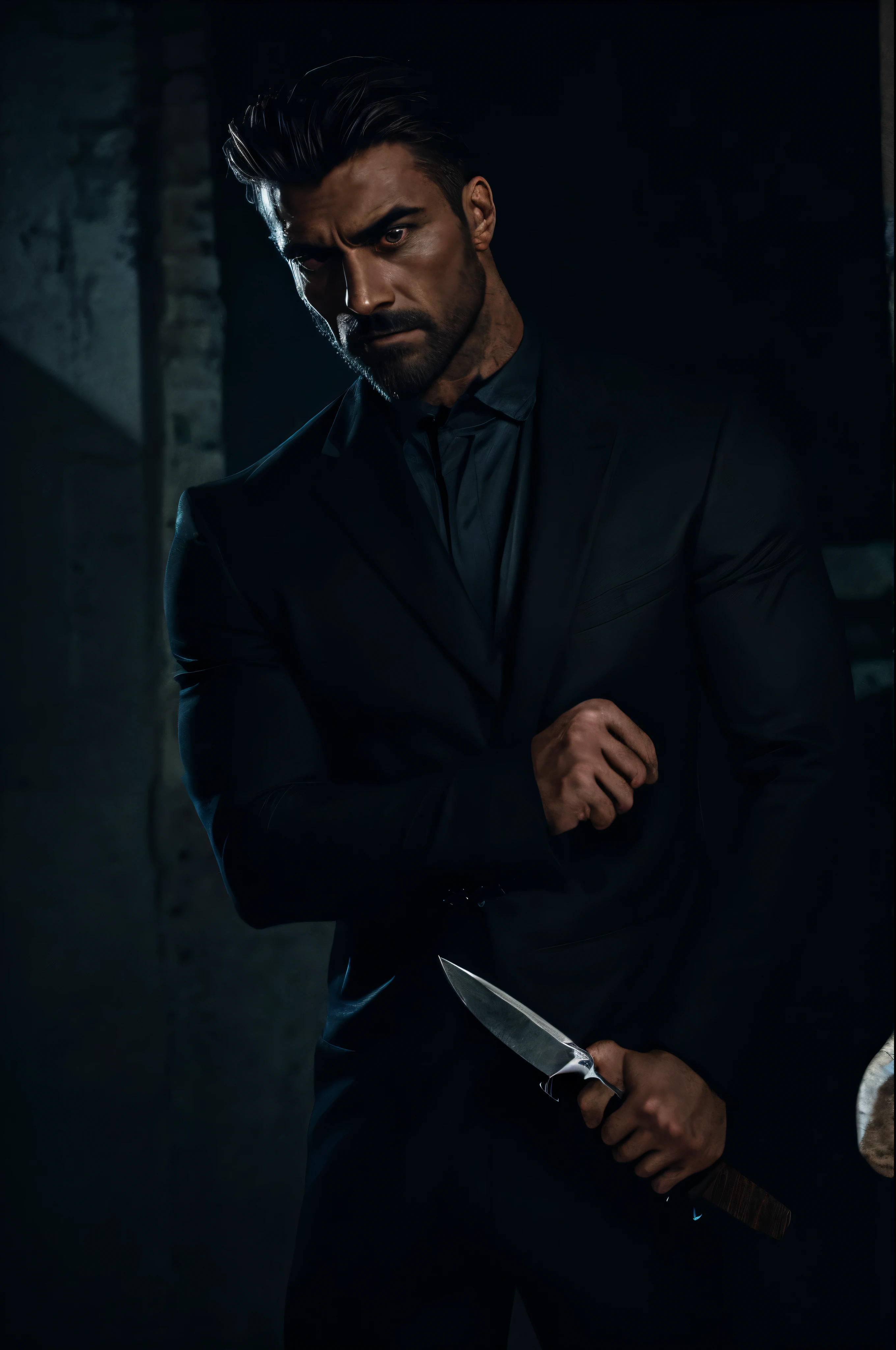 a handsome and realistic man, detailed face, striking eyes, sharp jawline, muscular build, wearing a dark suit, holding a knife, standing over a dead woman's body, murder scene, gritty, cinematic lighting, dramatic shadows, moody atmosphere, cold colors, photorealistic, 8k, intricate details, masterpiece