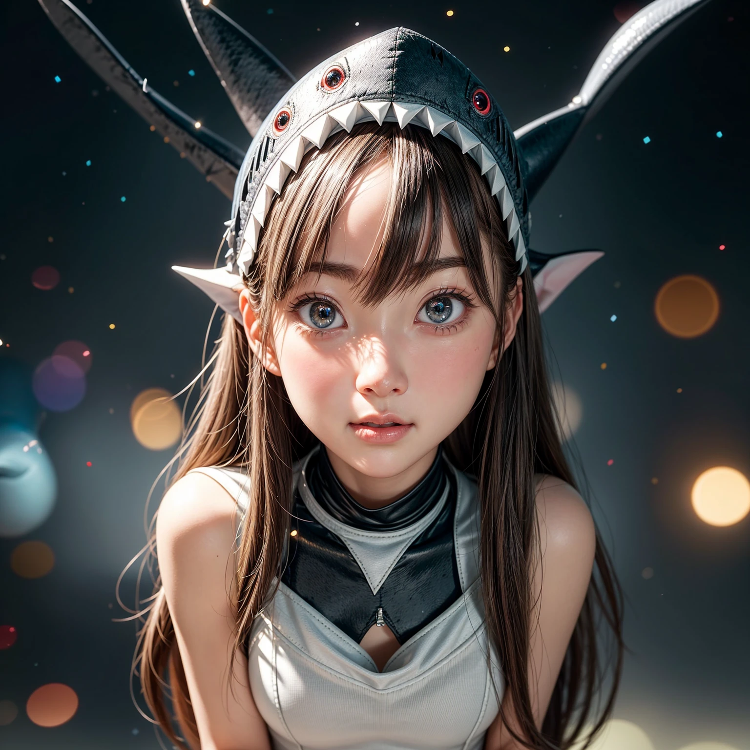 ((stuffed Shark head cap, Skinny BodySuit)), 8k, High-level, absurd, masterpiece, best quality, primitive, very detailed CG, very detailed wallpaper, perfect lighting, Extremely detailed ((( personifying " Shark" as a ))), MysticSight, Tyndall effect, Tyndall scattering, (Studio gray background with (Overflowing oodles Dazzling RainbowColorParticles (BokeH))), (RoundlyButts, ThighGap), (Exposed:0.4), (Assfocus with looking ahead) BREAK (Acutance:0.88), (NOGIZAKA face variations) Extremely Detailed very KAWAII face variations, perfect anatomy, Childish, CaptivatingGaze ElaboratePupils detailed Eyes with (sparkling highlights:1.28), (Voluminous LongEyelashes:0.88)、GlossyRED Lips with beautiful details, RosyCheeks, Radiant PearlSkin with Transparency . { (Dynamic LifeLike expressions:1.4) | (:d) }, (large eyes:-1) .