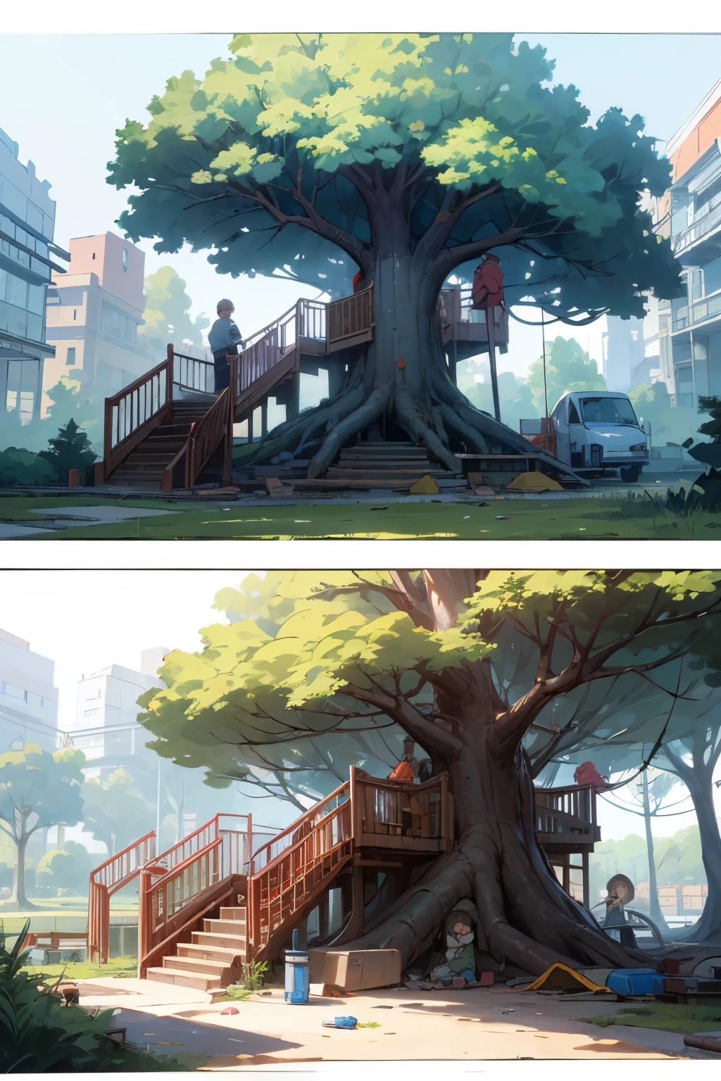 (playground with 1 huge tree with a minimalistic tree house), (kids playing hide and seek), 1 huge tree, old tree house, landscape view panorama, soothing scenery, junkyard filled with numerous recycled things like trashcan or old pipe