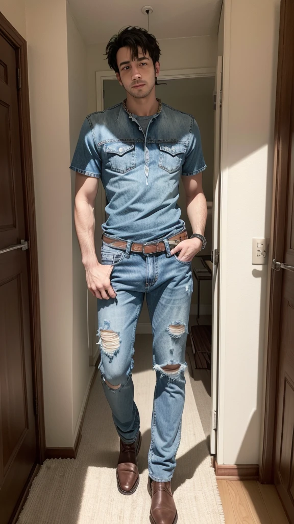 arafed man standing in a bedroom with a bed and a wall hanging, full body picture, outfit photo, wearing jeans, full body pictures, full body wide shot, full body!, full body photogenic shot, ripped jeans, wearing a shirt and a jean, full - body - front - shot, ripped clothing, jeans and t shirt, full body full height