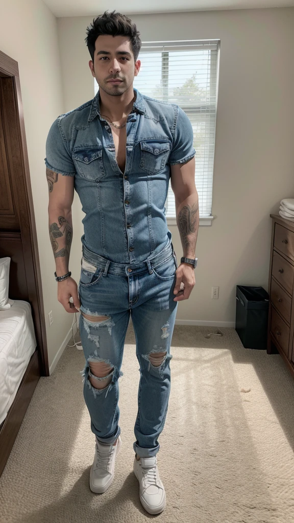 arafed man standing in a bedroom with a bed and a wall hanging, full body picture, outfit photo, wearing jeans, full body pictures, full body wide shot, full body!, full body photogenic shot, ripped jeans, wearing a shirt and a jean, full - body - front - shot, ripped clothing, jeans and t shirt, full body full height