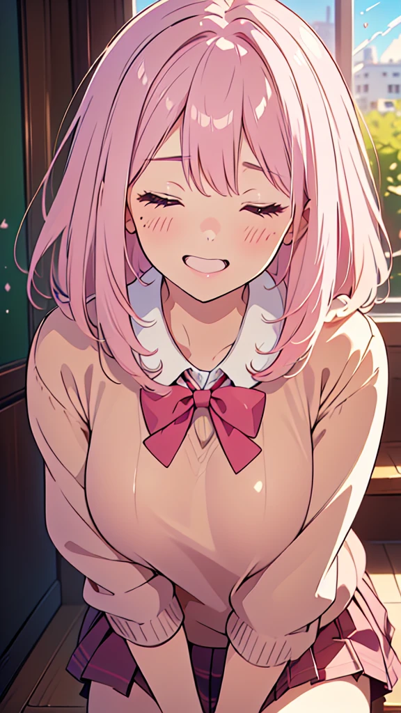 8k,(High quality:1.4),(best quality:1.4),(masterpiece:1.4),(huge breasts:1.2),(beautiful face:1.3),(beautiful woman:1.3),(pale pink hair:1.4),medium hair,a mole around the mouth,(enjoy:1.6),(closed eyes:1),(laugh:1.2),(burst into laughter:1.4), (squinting:1.2)(school uniform:1.1),(beige sweater:1.2),(close-up:1.2),a red bow tie,(leaning forward:1.2)