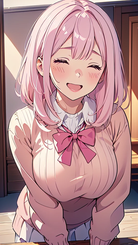 8k,(High quality:1.4),(best quality:1.4),(masterpiece:1.4),(huge breasts:1.2),(beautiful face:1.3),(beautiful woman:1.3),(pale pink hair:1.4),medium hair,a mole around the mouth,(enjoy:1.6),(closed eyes:1),(laugh:1.2),(burst into laughter:1.4), (squinting:1.2)(school uniform:1.1),(beige sweater:1.2),(close-up:1.2),a red bow tie,(leaning forward:1.2)