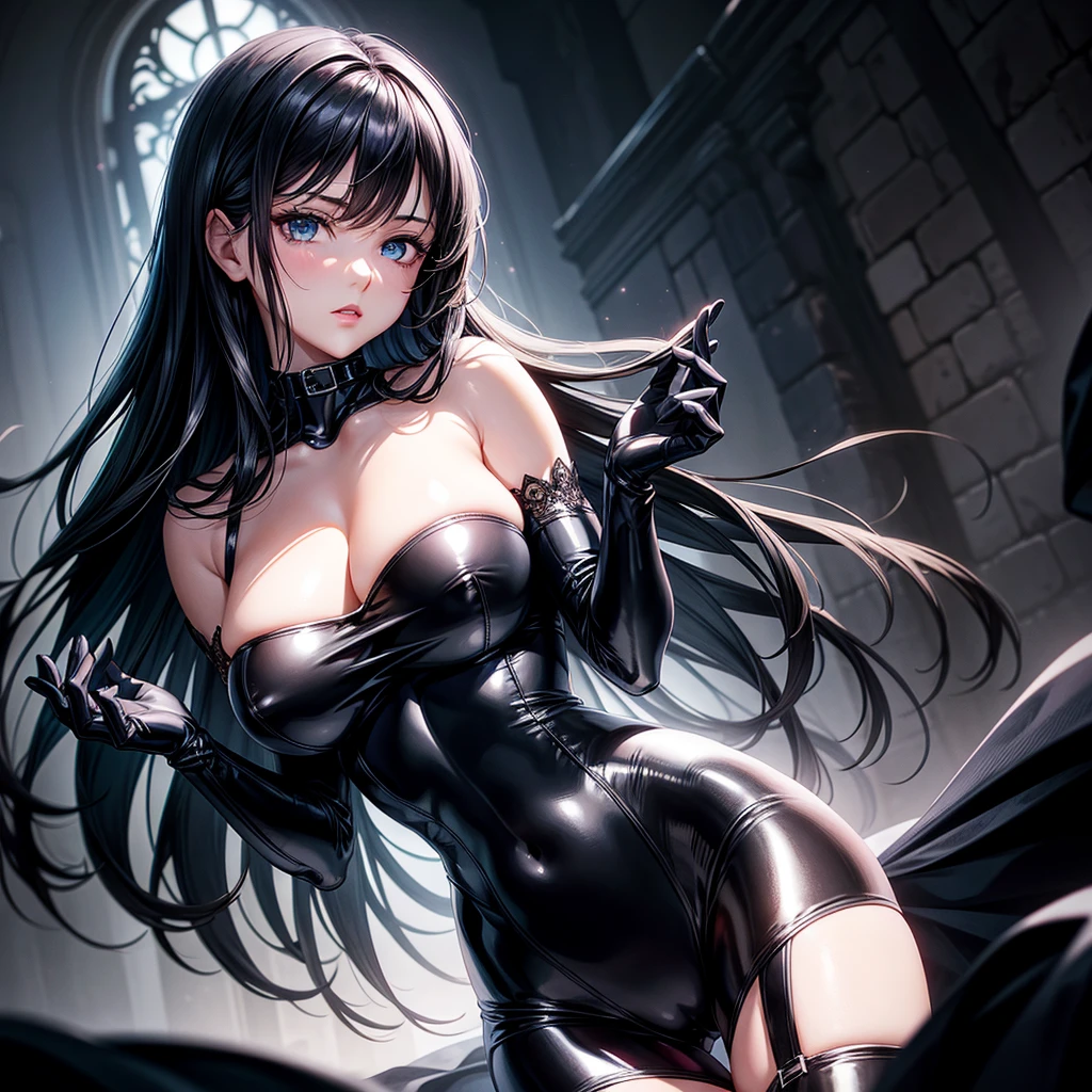 very detailed face, detailed clothing, detailed fabric, 1 woman, perfectly drawn body, huge breasts, sexy pose, beautiful face, long black hair, blue eyes, very detailed eyes, pink cheeks, shy expression,  (Shiny black tight bodysuit), black gloves, gloves covering hands, Sensual lips ,  dinner de invierno, Show details at a glance, View from the front, looking at viewer, dark road, Dark Forest, dinner, atmosphere, Fog