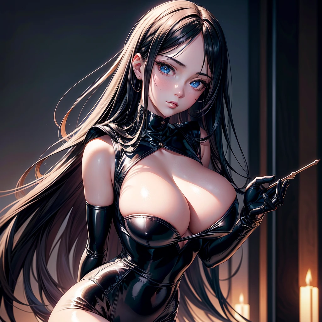 very detailed face, detailed clothing, detailed fabric, 1 woman, perfectly drawn body, huge breasts, sexy pose, beautiful face, long black hair, blue eyes, very detailed eyes, pink cheeks, shy expression,  (Shiny black tight bodysuit), black gloves, gloves covering hands, Sensual lips ,  dinner de invierno, Show details at a glance, View from the front, looking at viewer, dark road, Dark Forest, dinner, atmosphere, Fog