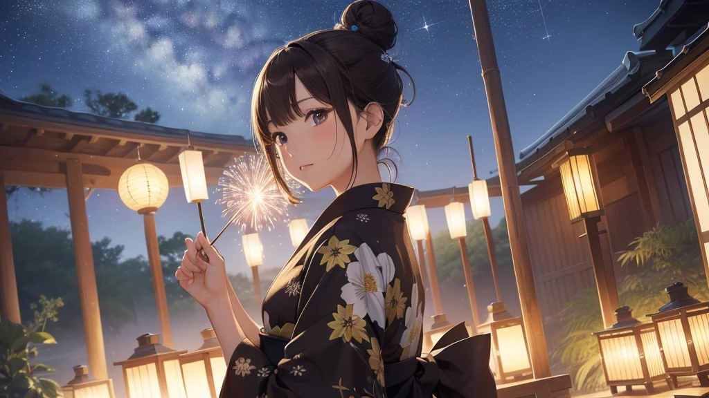 (Very detailed,High resolution,masterpiece:1.2)Japanese、Night view, Starry Sky、milky way、Tanabata Bamboo Decorations Light Brown Hair. She is wearing a yukata.Big fireworks、Slendering, Flat Color:0.8, Fine 図, Realistic:1.37, Shinkai Makoto style, Your name style, Hair Bun。,(masterpiece: 1,2)、(masterpiece: 1,2)、High resolution、超High resolution、Highest quality、High resolution、