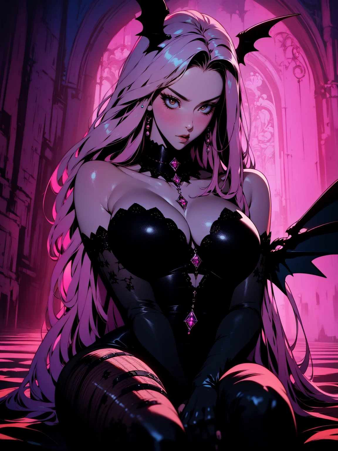 {-erro_de_anatomia:1.0} (best quality,4k,8k,highres,masterpiece:1.2) (masterpiece, top quality, best quality, official art, beautiful and aesthetic: 1.2), (1 woman: 1.3) Succubus girl, long pink hair , yellow eyes, (crystal eyes) succubus wings, black pant, black gloves,  attractive, moonlight, dinamic poses, sitting on the ground, looking back, perfect hands (perfect fingers), angry face, 