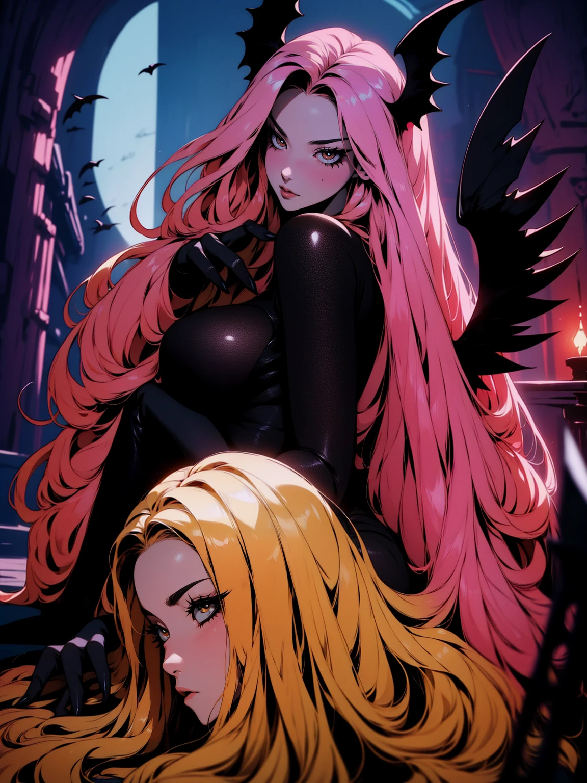 {-erro_de_anatomia:1.0} (best quality,4k,8k,highres,masterpiece:1.2) (masterpiece, top quality, best quality, official art, beautiful and aesthetic: 1.2), (1 woman: 1.3) Succubus girl, long pink hair , yellow eyes, (crystal eyes) succubus wings, black pant, black gloves,  attractive, moonlight, dinamic poses, sitting on the ground, looking back, perfect hands (perfect fingers), angry face, 