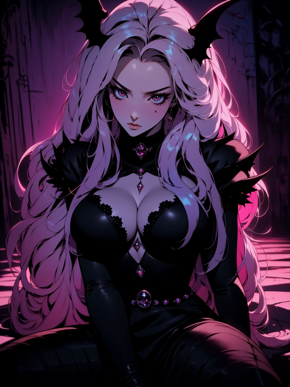 {-erro_de_anatomia:1.0} (best quality,4k,8k,highres,masterpiece:1.2) (masterpiece, top quality, best quality, official art, beautiful and aesthetic: 1.2), (1 woman: 1.3) Succubus girl, long pink hair , yellow eyes, (crystal eyes) succubus wings, black pant, black gloves,  attractive, moonlight, dinamic poses, sitting on the ground, looking back, perfect hands (perfect fingers), angry face, 