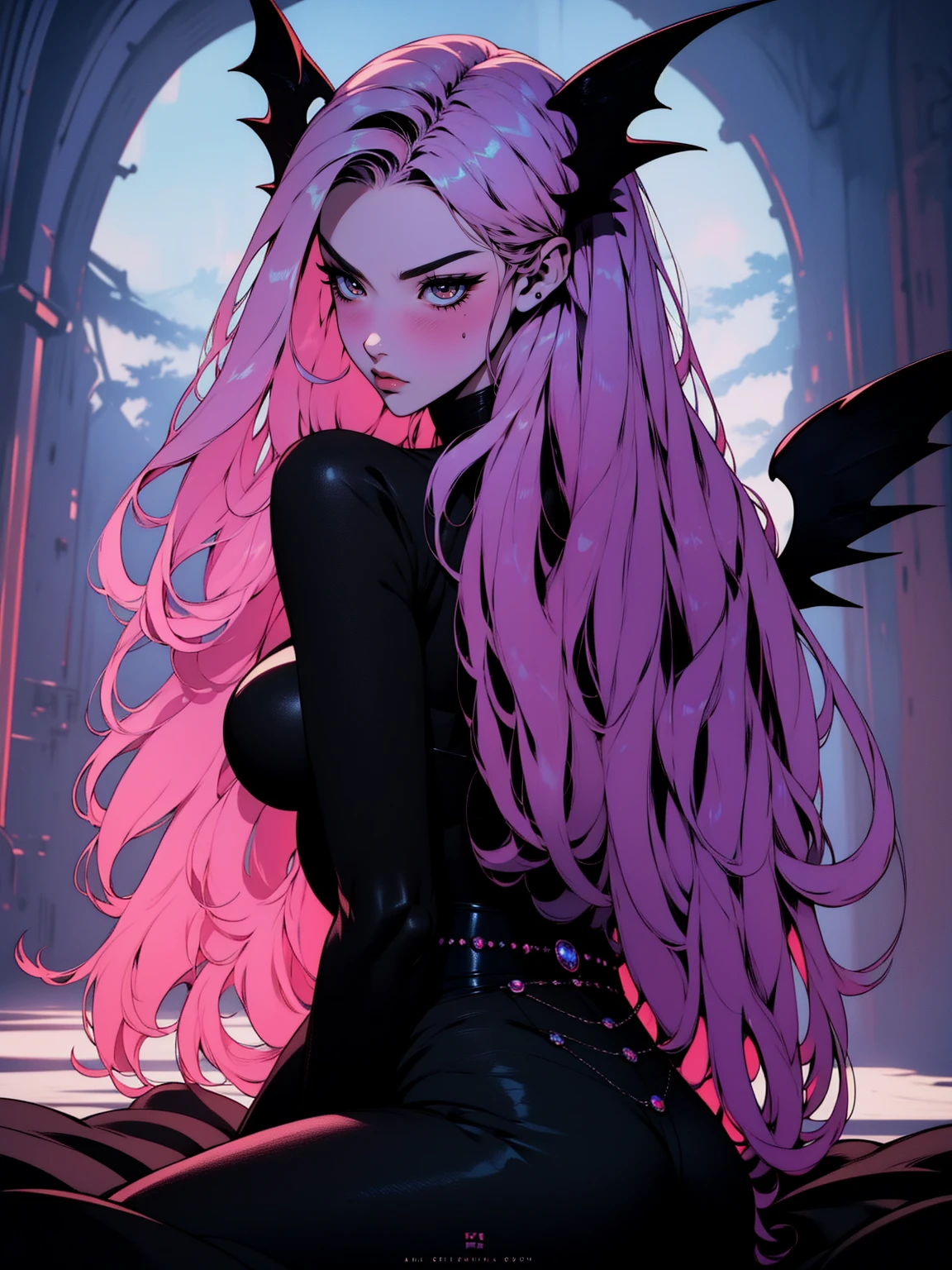 {-erro_de_anatomia:1.0} (best quality,4k,8k,highres,masterpiece:1.2) (masterpiece, top quality, best quality, official art, beautiful and aesthetic: 1.2), (1 woman: 1.3) Succubus girl, long pink hair , yellow eyes, (crystal eyes) succubus wings, black pant, black gloves,  attractive, moonlight, dinamic poses, sitting on the ground, looking back, perfect hands (perfect fingers), angry face, 