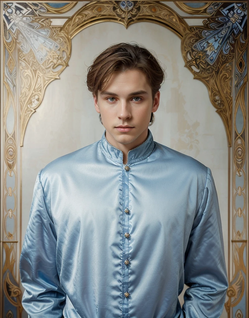 Portrait of Christopher Marlowe, white skin, piercing icy blue eyes, silky golden-brown hair, refined features, charp jawline, clean shaved, black Elizabethan velvet jerkin, white laced shirt, Art Nouveau style, Mucha style, Mucha background, realism, high quality