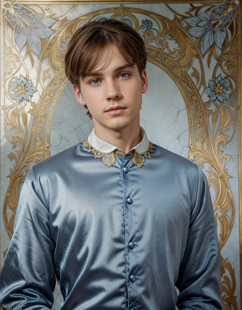 Portrait of Christopher Marlowe, white skin, piercing icy blue eyes, silky golden-brown hair, refined features, charp jawline, clean shaved, black Elizabethan velvet jerkin, white laced shirt, Art Nouveau style, Mucha style, Mucha background, realism, high quality