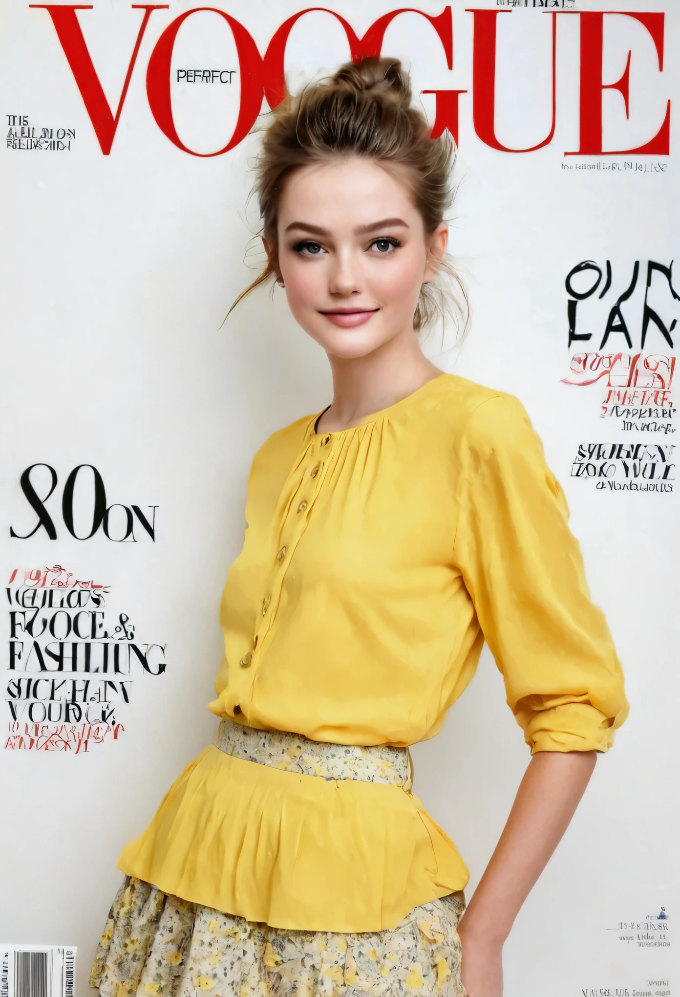 1 girl, realist, standing, Photo, Beautiful yellow blouse, mini skirt, Looking beyond the viewer, female, SMILE, Photorealism, fashion design, simple white background, (Perfect face:1.4), model, Vogue magazine cover