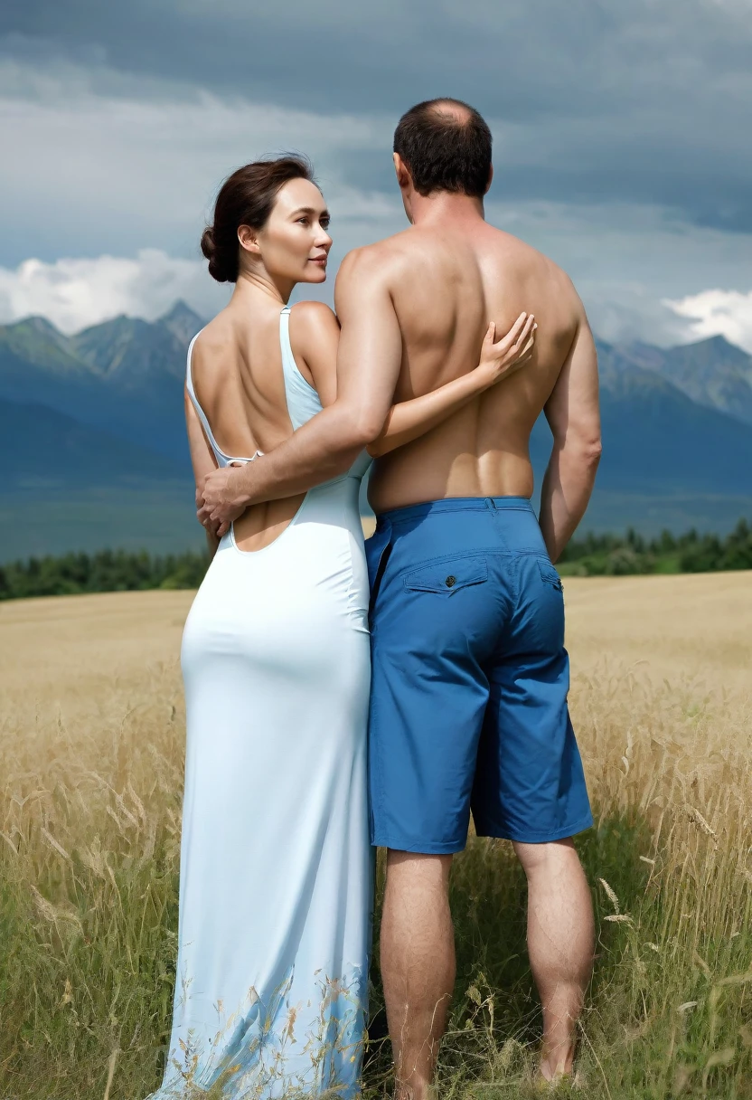 In the image, a shorter husband, as 45-year-old man, and very tall wife Sonja woman are standing in a field with their backs to the camera. The woman has her arms wrapped around the man's waist. The sky is overcast, and there are mountains in the background. The image is captured in high definition, with high contrast and high color saturation. Keywords: tall, strong, woman, Russia, swimwear, man, towering, Sonja, high definition, high contrast, high color saturation. **Note:** - You can add more details or adjust the prompt based on the given theme. - Remember to follow the prompt format guidelines mentioned above.
